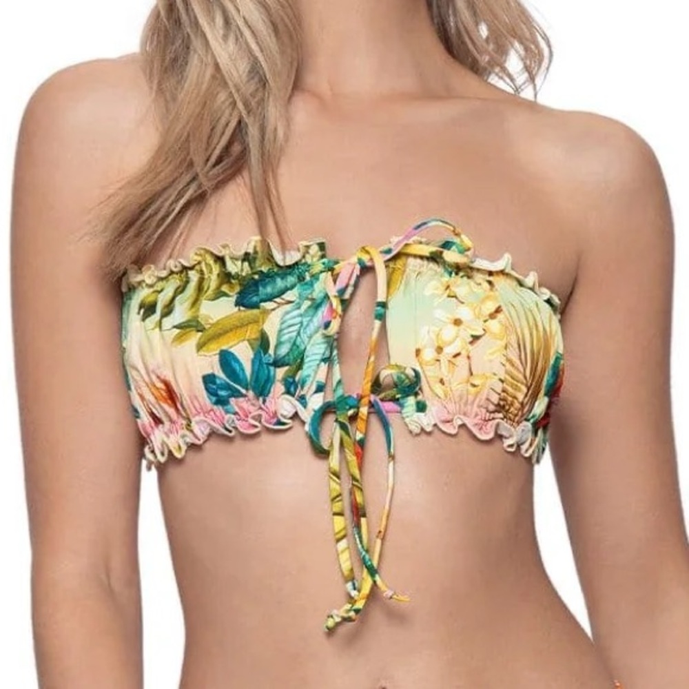PQ Swim Bikini Top Only OASIS REMI RUCHED BANDEAU Lined Size Large Yellow Floral